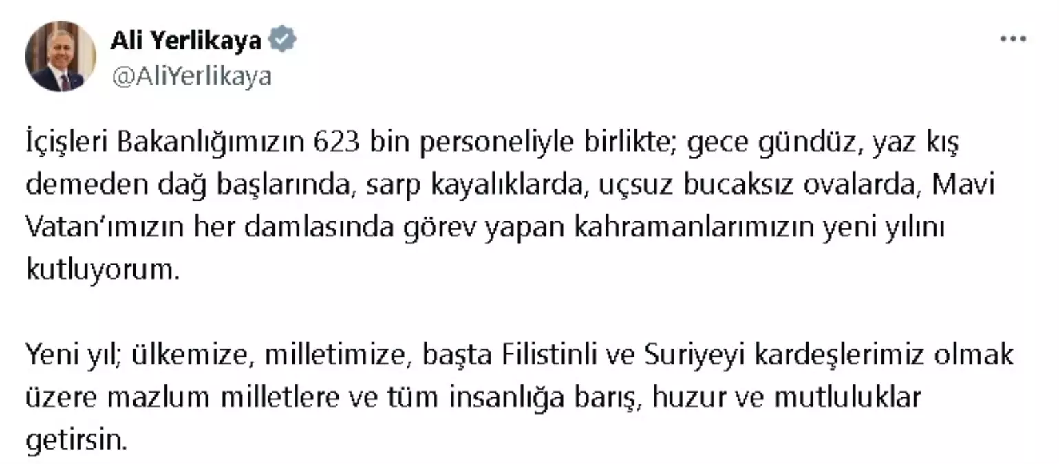 İçişleri Bakanı Yerlikaya’dan Yeni Yıl Mesajı